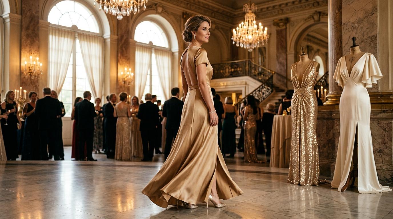 Femme en robe dor&eacute;e d&eacute;file dans un grand salon &eacute;l&eacute;gant