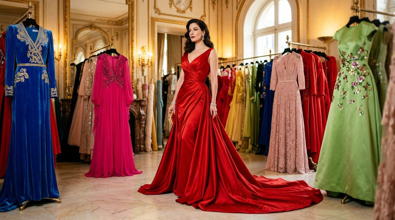 Femme en robe rouge dans un salon de couture luxueux