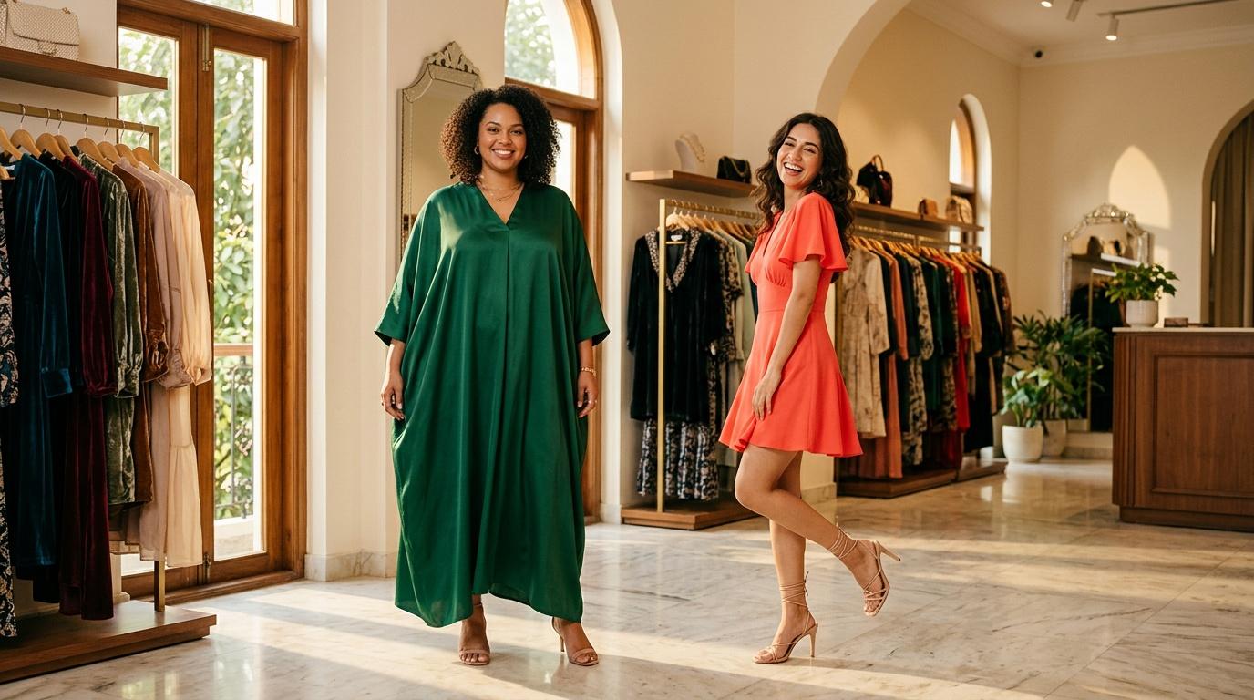 Deux femmes souriantes pr&eacute;sentent des robes dans une boutique &eacute;l&eacute;gante.