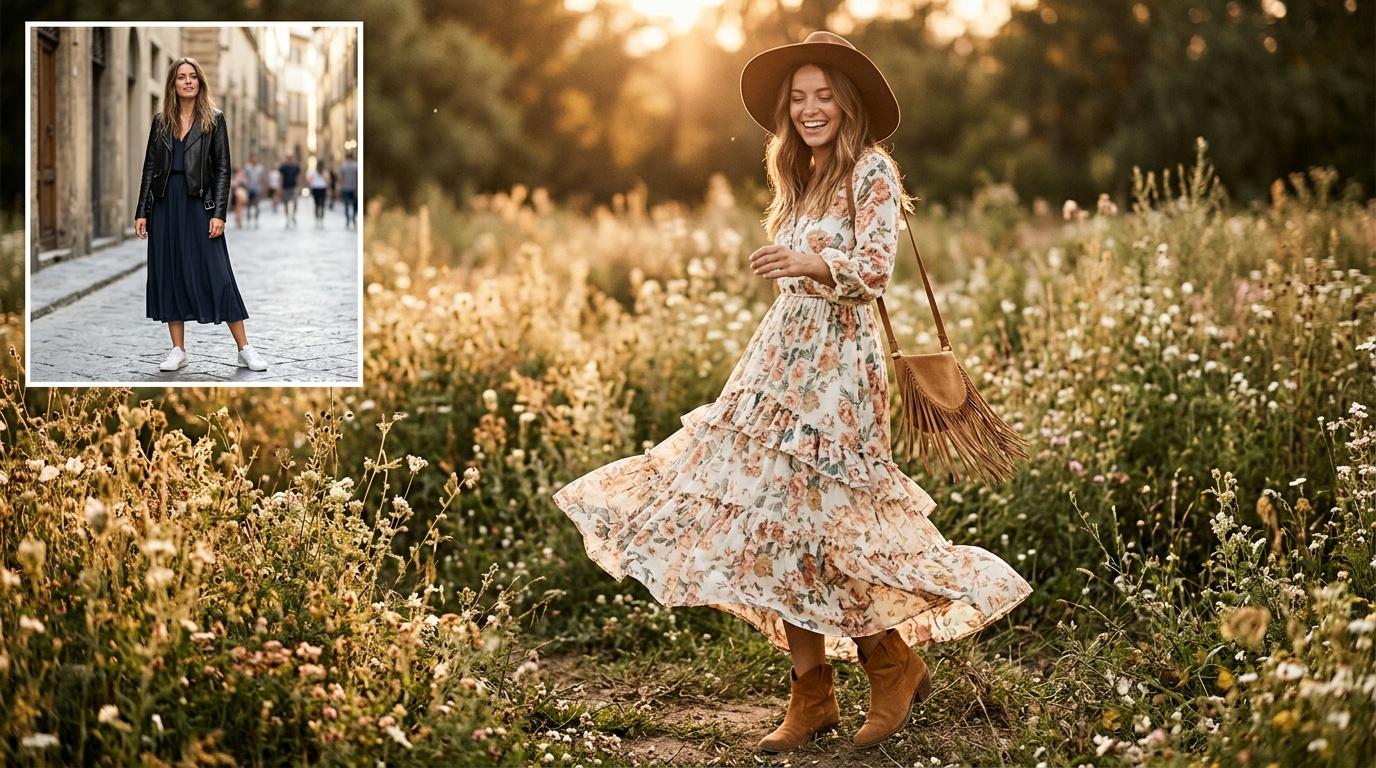Femme en robe fleurie dans champ de fleurs sauvages