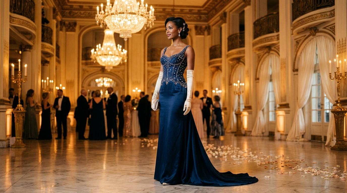 Femme en robe bleue dans un hall de palace luxueux