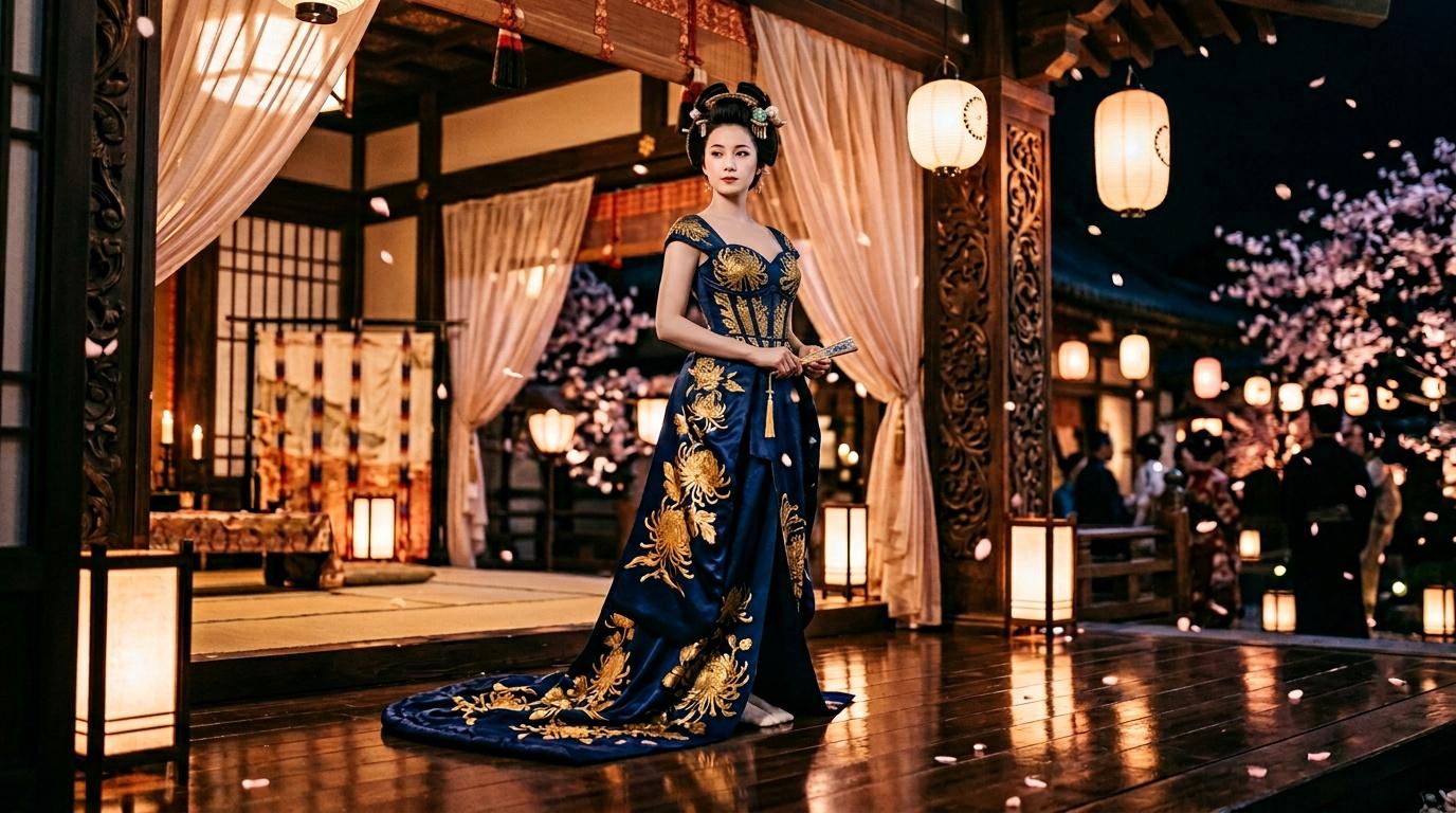 Femme en robe traditionnelle bleue dor&eacute;e dans cour asiatique illumin&eacute;e