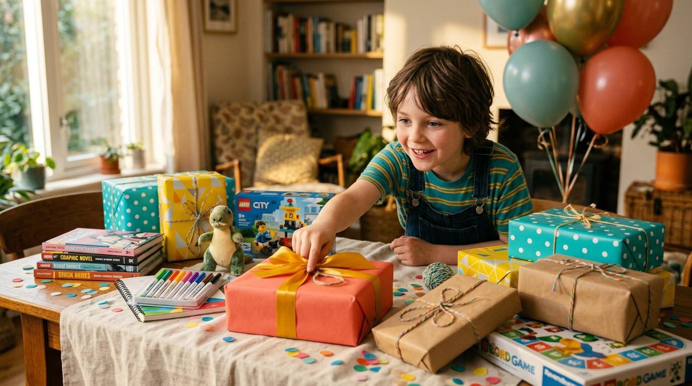 Jeune garçon joyeux entouré de cadeaux d'anniversaire colorés