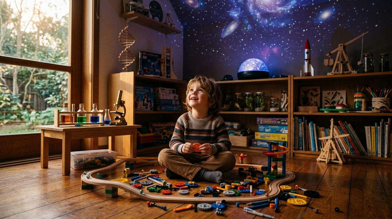 Enfant jouant dans une chambre STEM avec microscope et maquettes spatiales