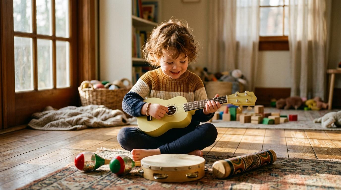 Petit enfant jouant de la guitare dans une chambre lumineuse