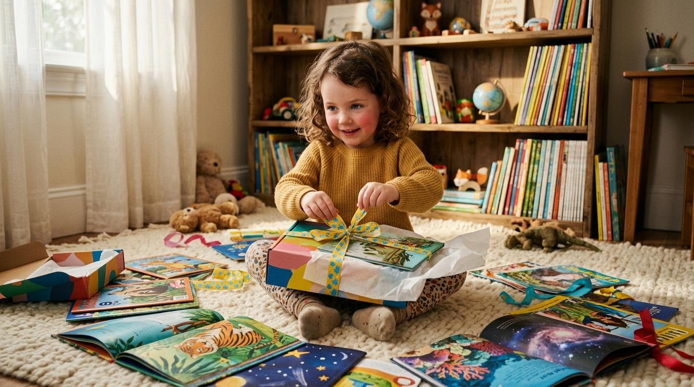 Petite fille heureuse ouvrant un cadeau entour&eacute; de livres color&eacute;s