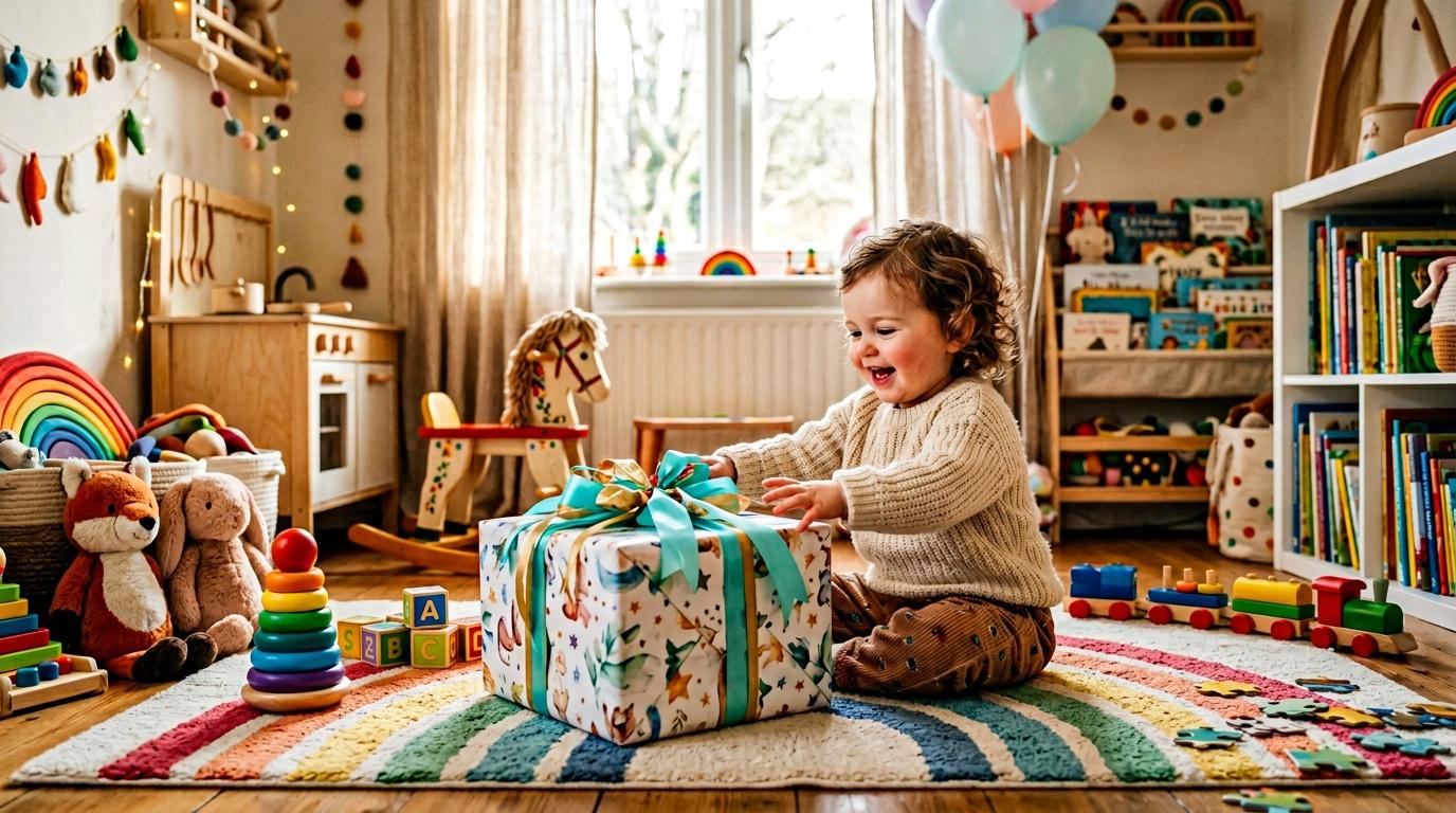 Petit enfant joyeux ouvrant un cadeau dans sa chambre.