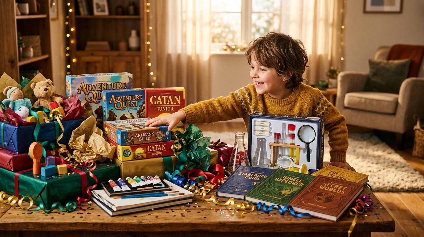 Garçon entouré de jeux de société et livres d'aventure