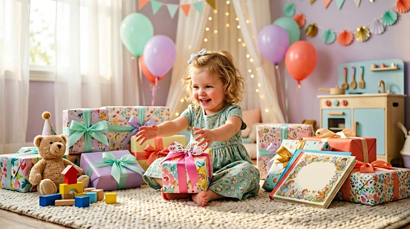 Petite fille souriante entourée de cadeaux colorés et ballons