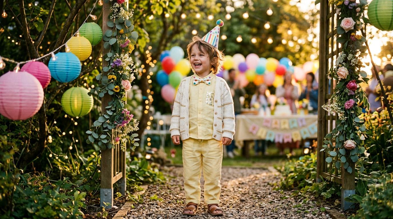 Petit enfant souriant dans un jardin d&eacute;cor&eacute; color&eacute;
