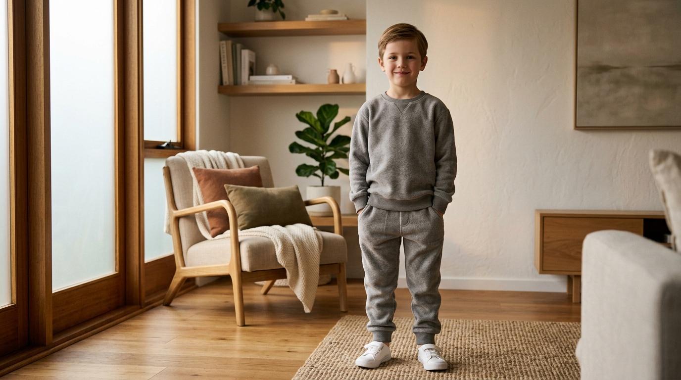 Jeune garçon en survêtement gris debout dans un intérieur épuré