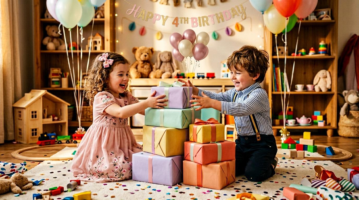 Deux enfants joyeux ouvrent des cadeaux colorés lors d'une fête d'anniversaire.