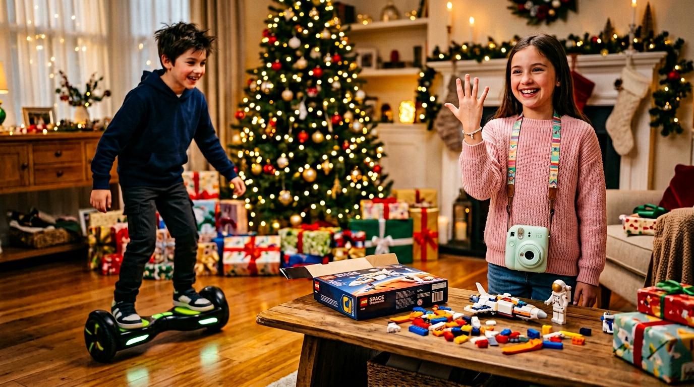 Deux enfants heureux jouent avec leurs cadeaux de No&euml;l dans une maison d&eacute;cor&eacute;e.