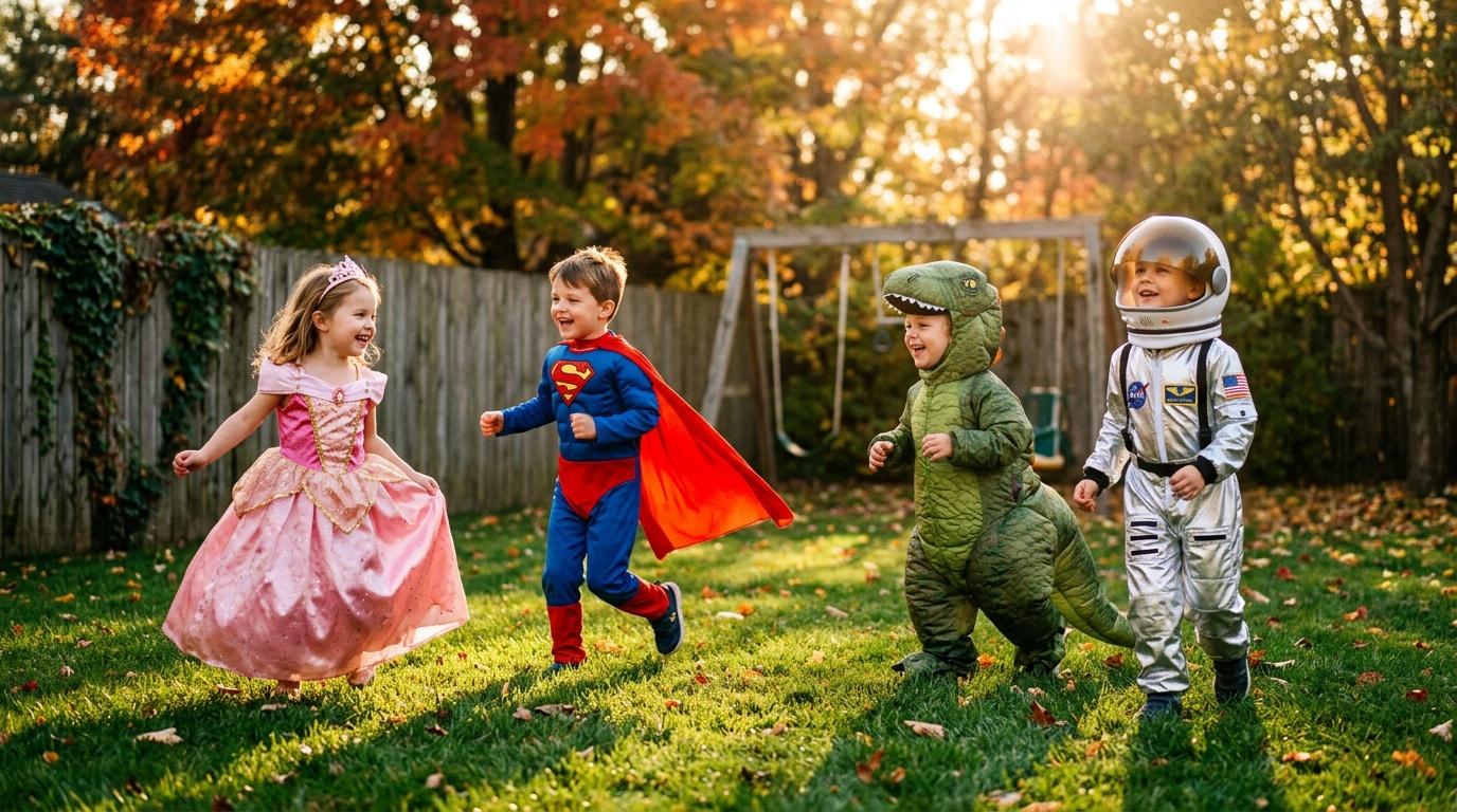 Quatre enfants en costumes de superh&eacute;ros et astronaute courent dans un jardin automnal.