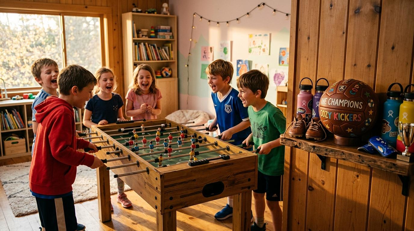 Six enfants jouent ensemble au baby-foot dans une salle de jeux.