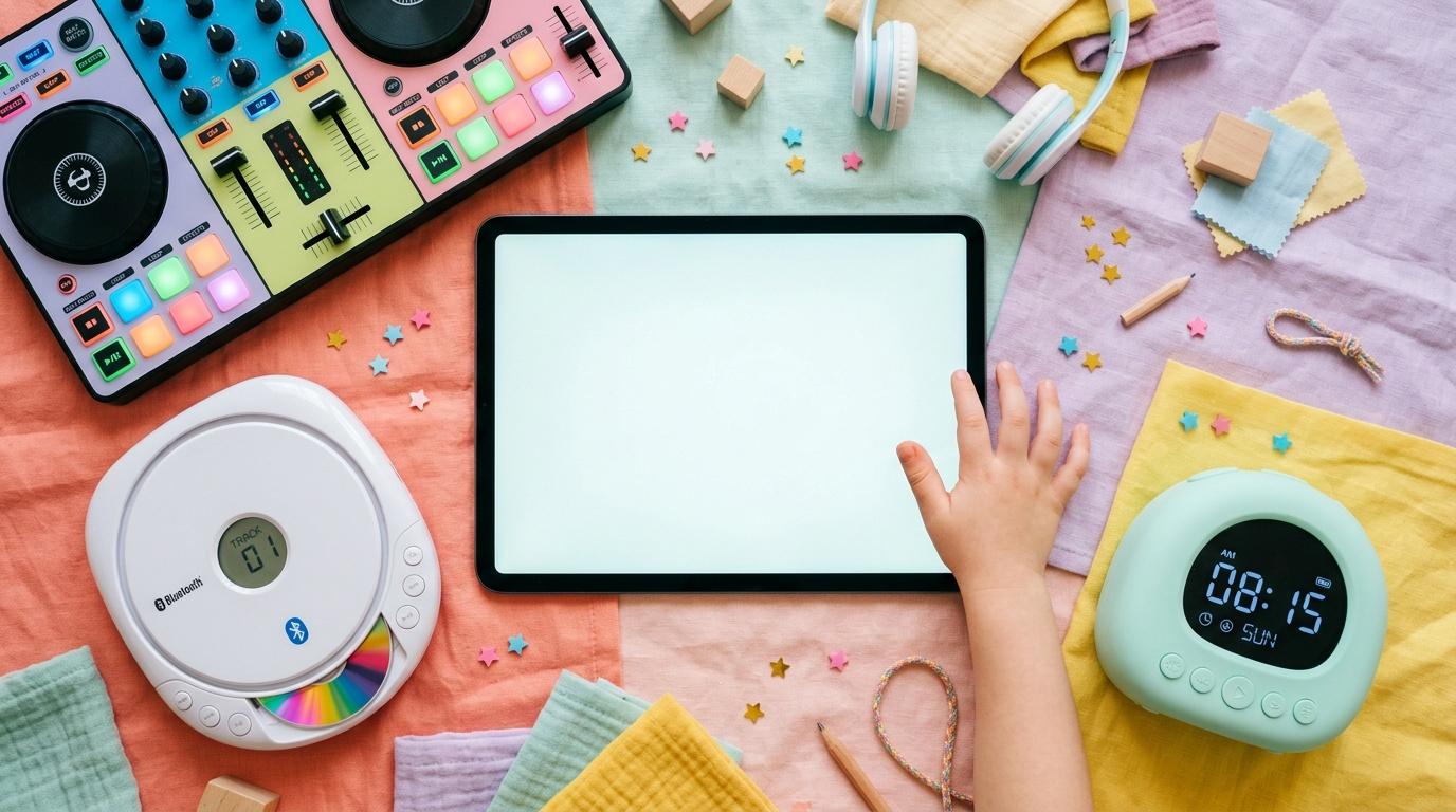 Enfant utilisant tablette avec &eacute;quipements musicaux et accessoires