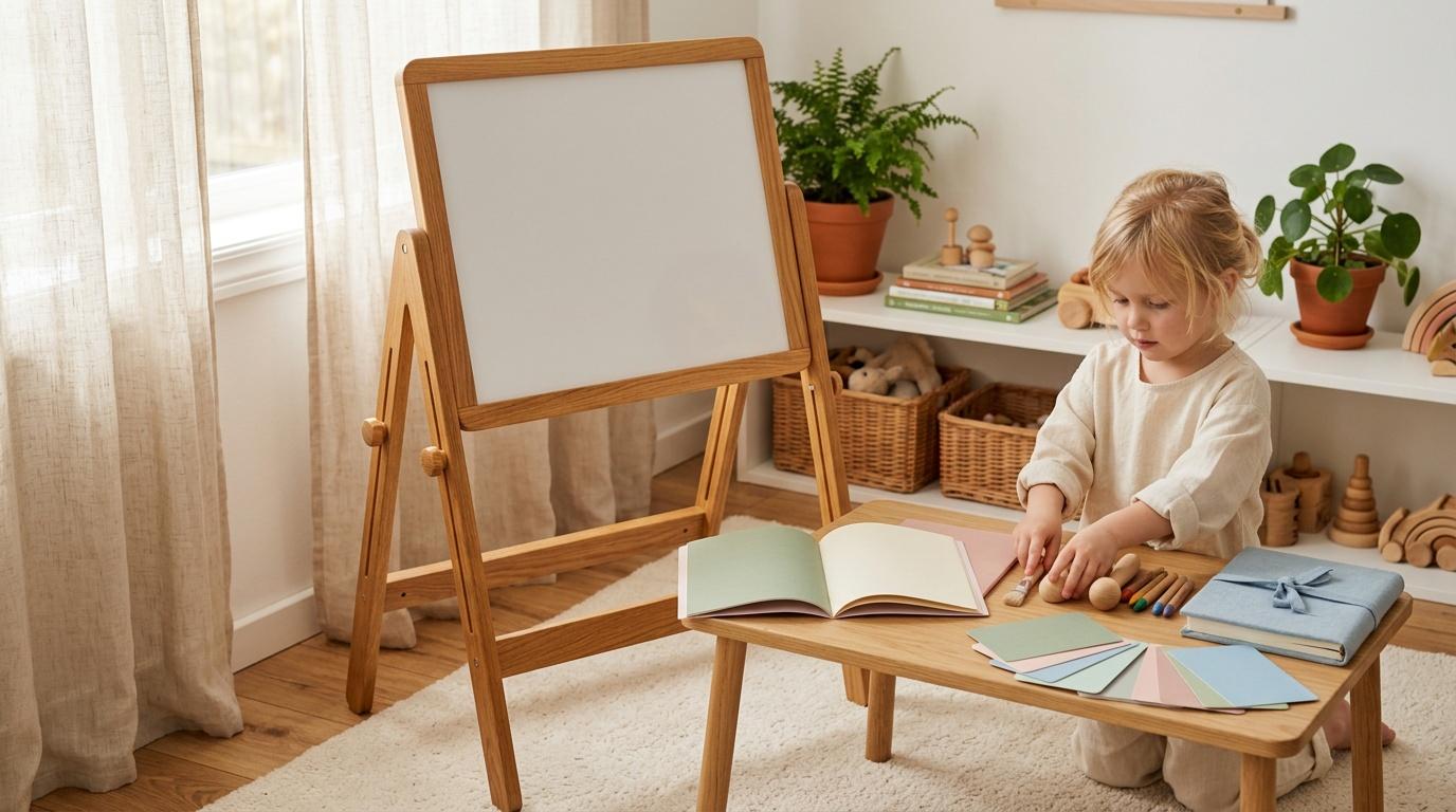 Petite fille dessine &agrave; sa table dans une chambre lumineuse