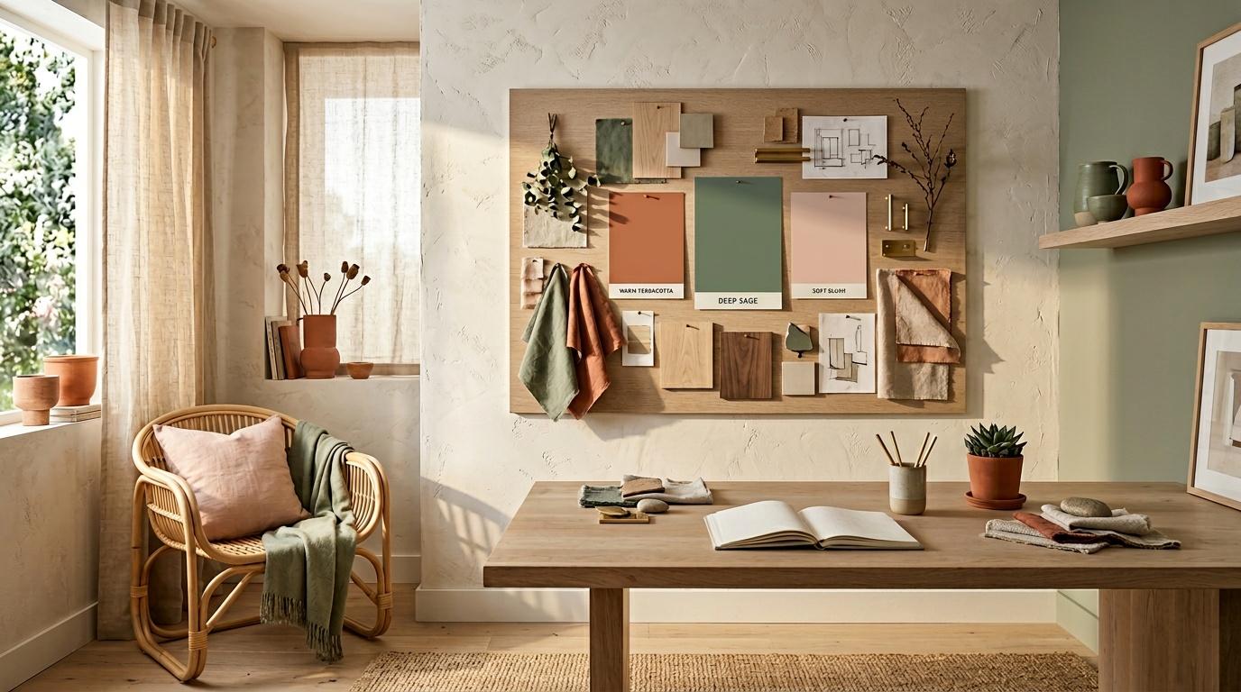 Bureau moderne avec palette de couleurs naturelles et mood board