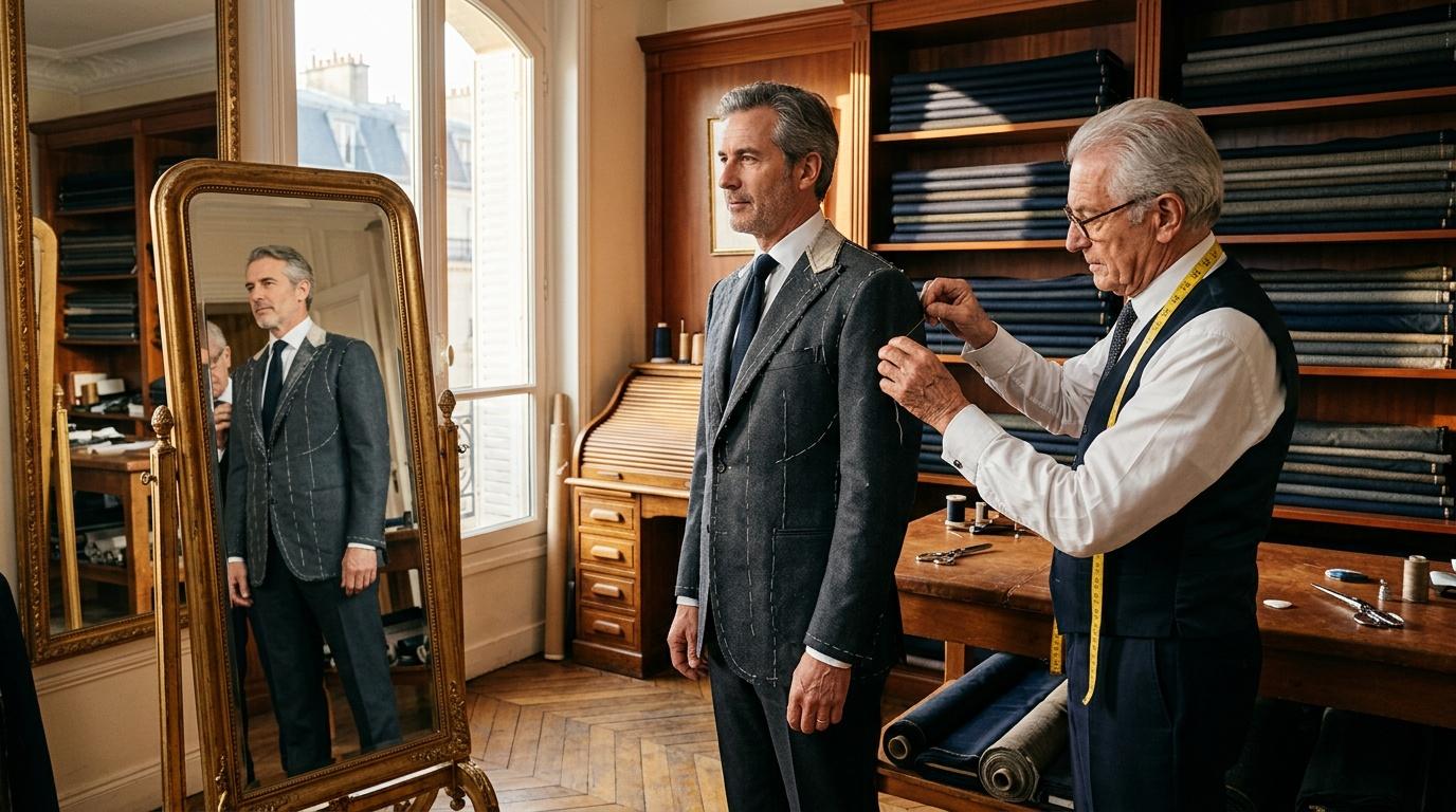 Tailleur ajuste costume client devant miroir doré