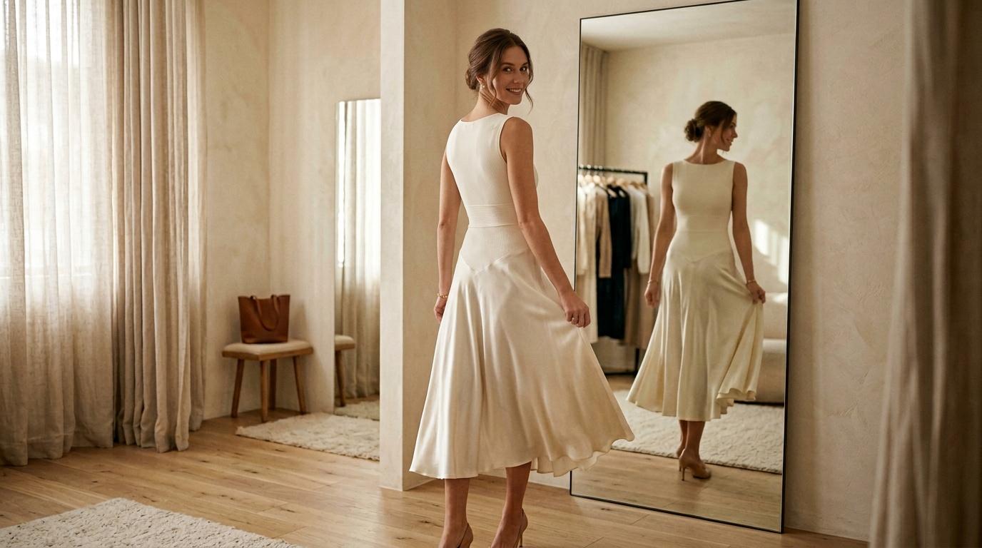 Femme essayant une robe blanche devant un miroir
