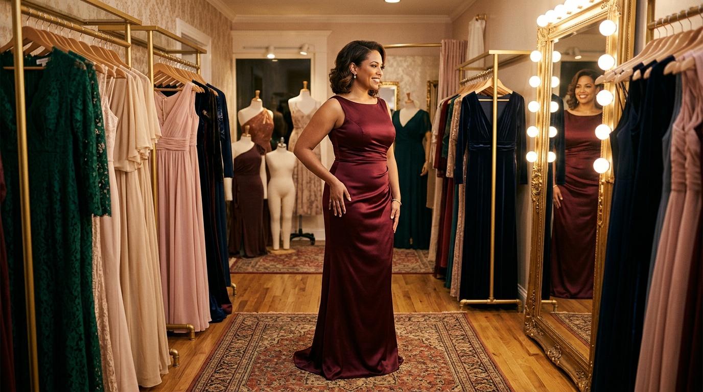 Femme en robe bordeaux dans un salon d'essayage luxueux