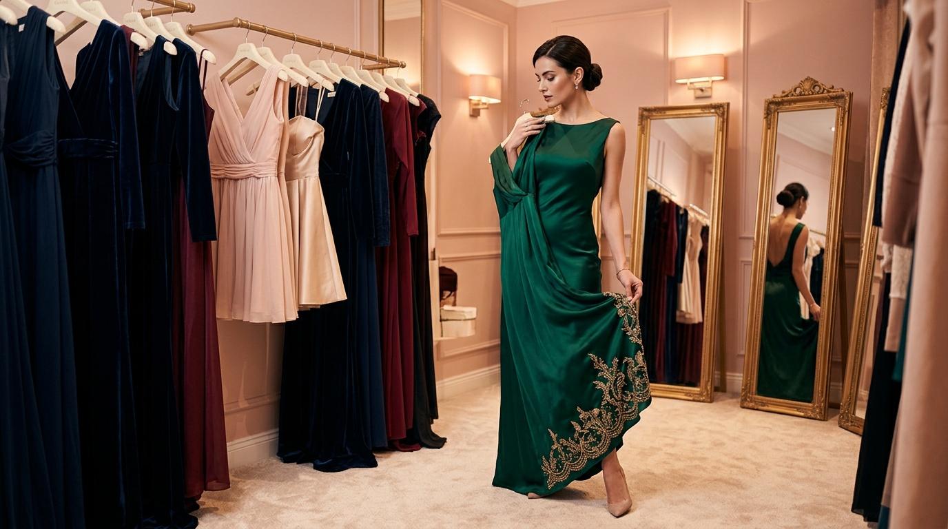 Femme essayant une robe verte dans une boutique de luxe