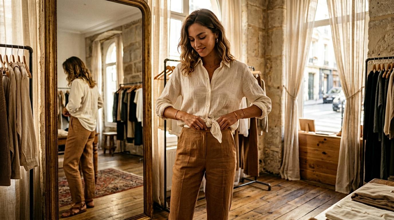 Femme essayant un pantalon marron dans une boutique &eacute;l&eacute;gante