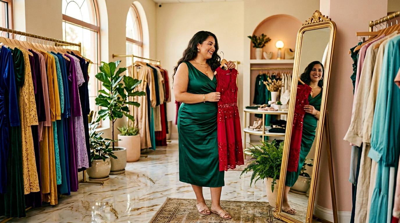 Femme souriante essayant une robe rouge en boutique de luxe