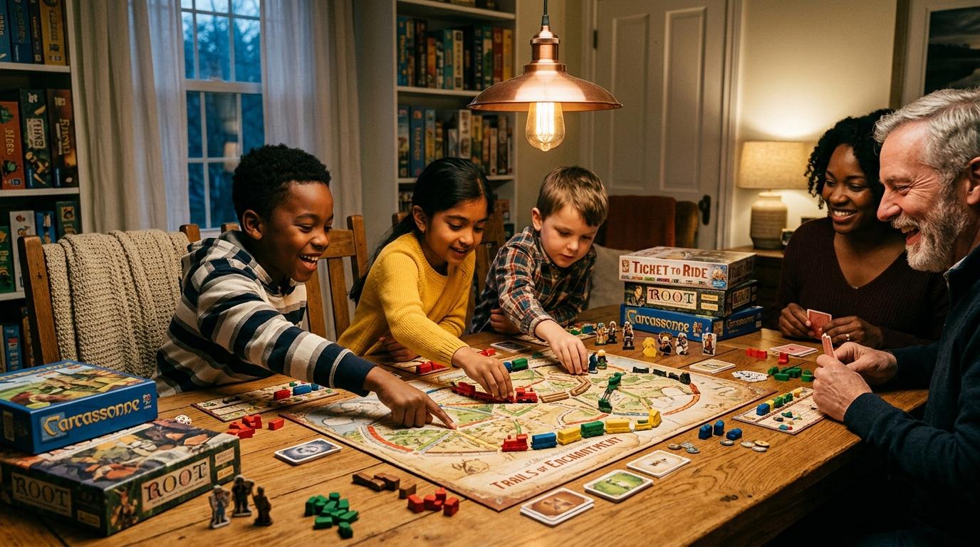 Adultes et enfants riant autour d'un jeu de plateau en soir&eacute;e