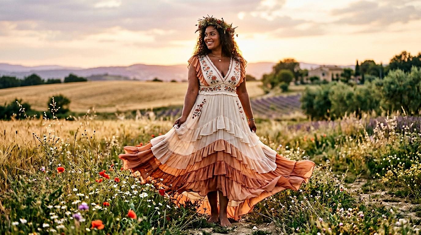 Femme en robe fluide color&eacute;e dans un champ de fleurs sauvages
