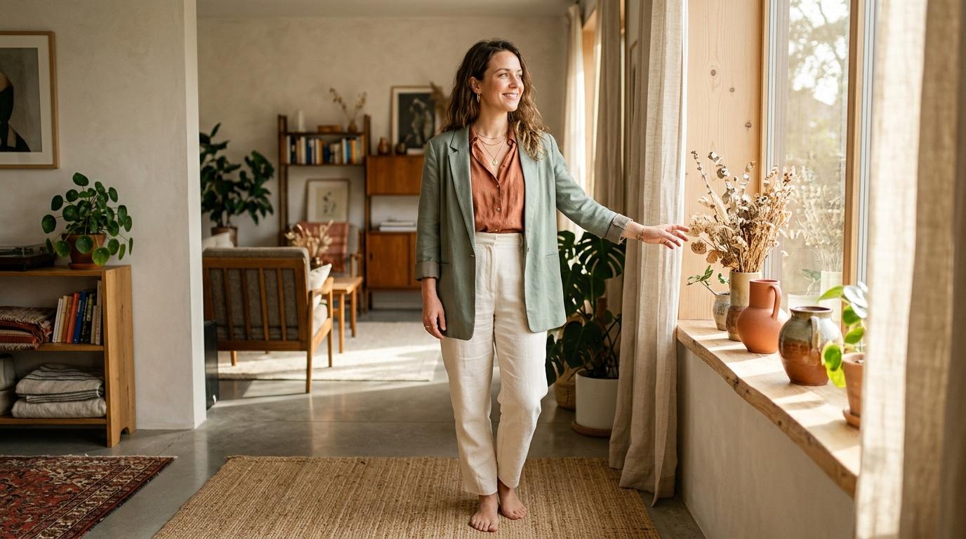 Femme souriante dans un salon moderne et &eacute;pur&eacute;, pieds nus