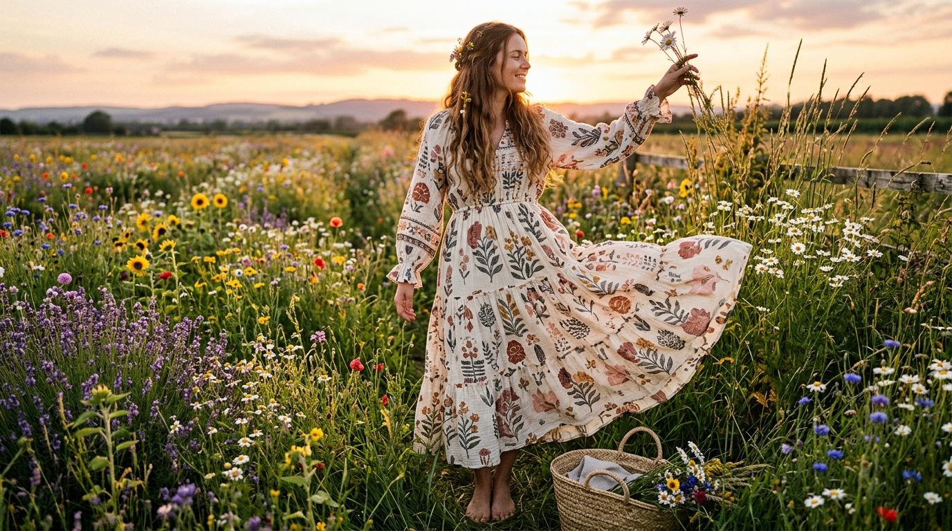 Femme en robe fleurie dans un champ de fleurs sauvages au coucher de soleil