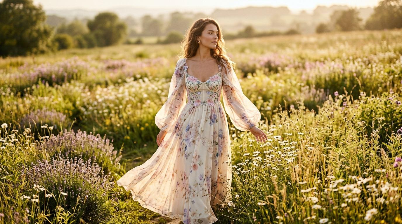 Femme en robe fleurie dans un champ de lavande au coucher du soleil