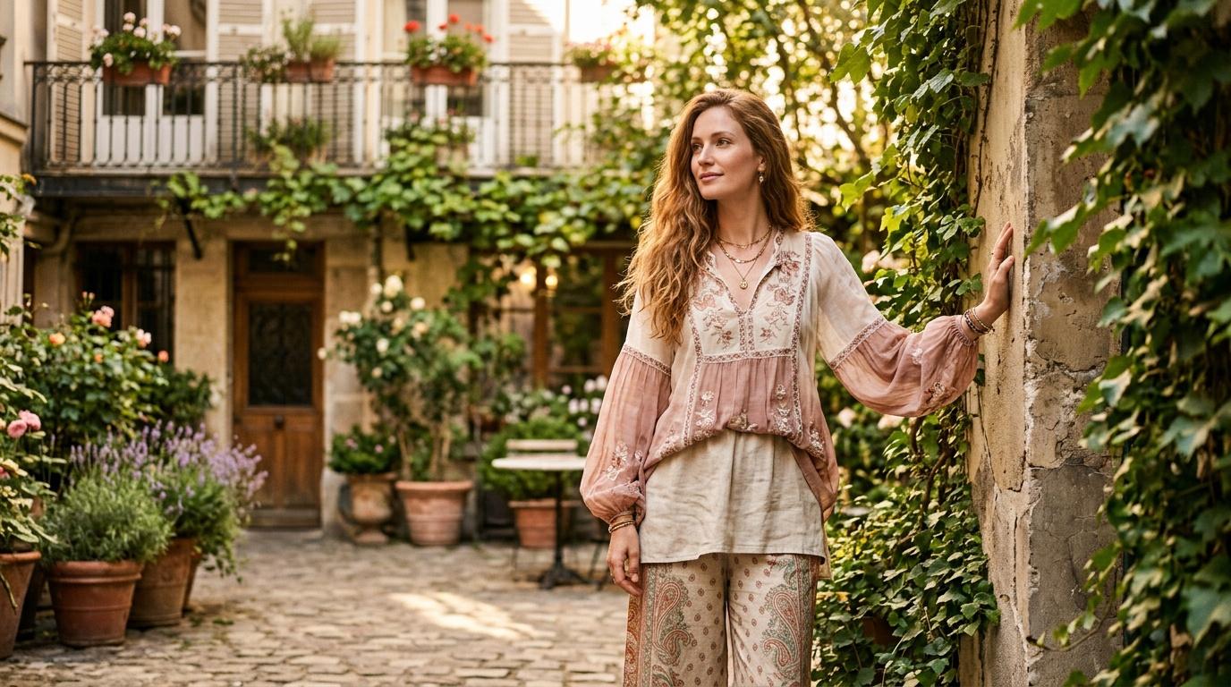 Femme en robe bohème dans une cour pavée entourée de plantes