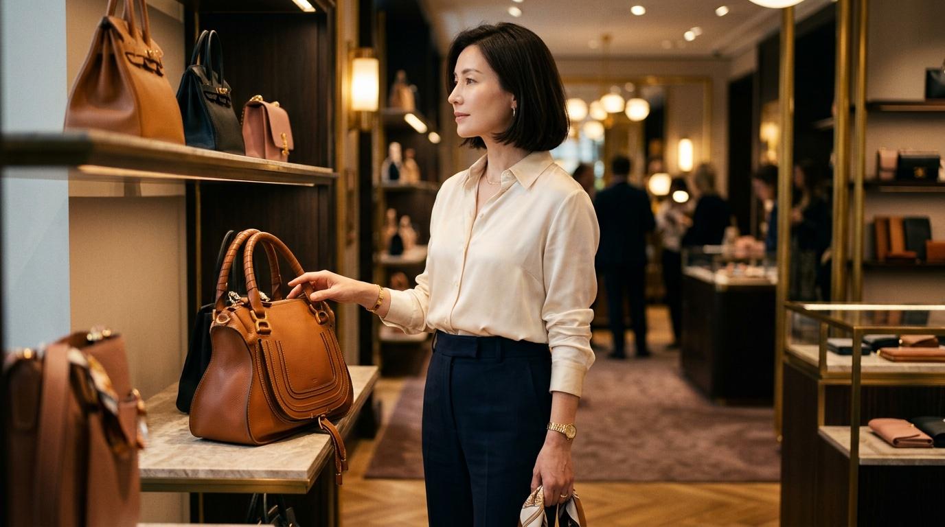 Femme en magasin de luxe admirant un sac à main marron
