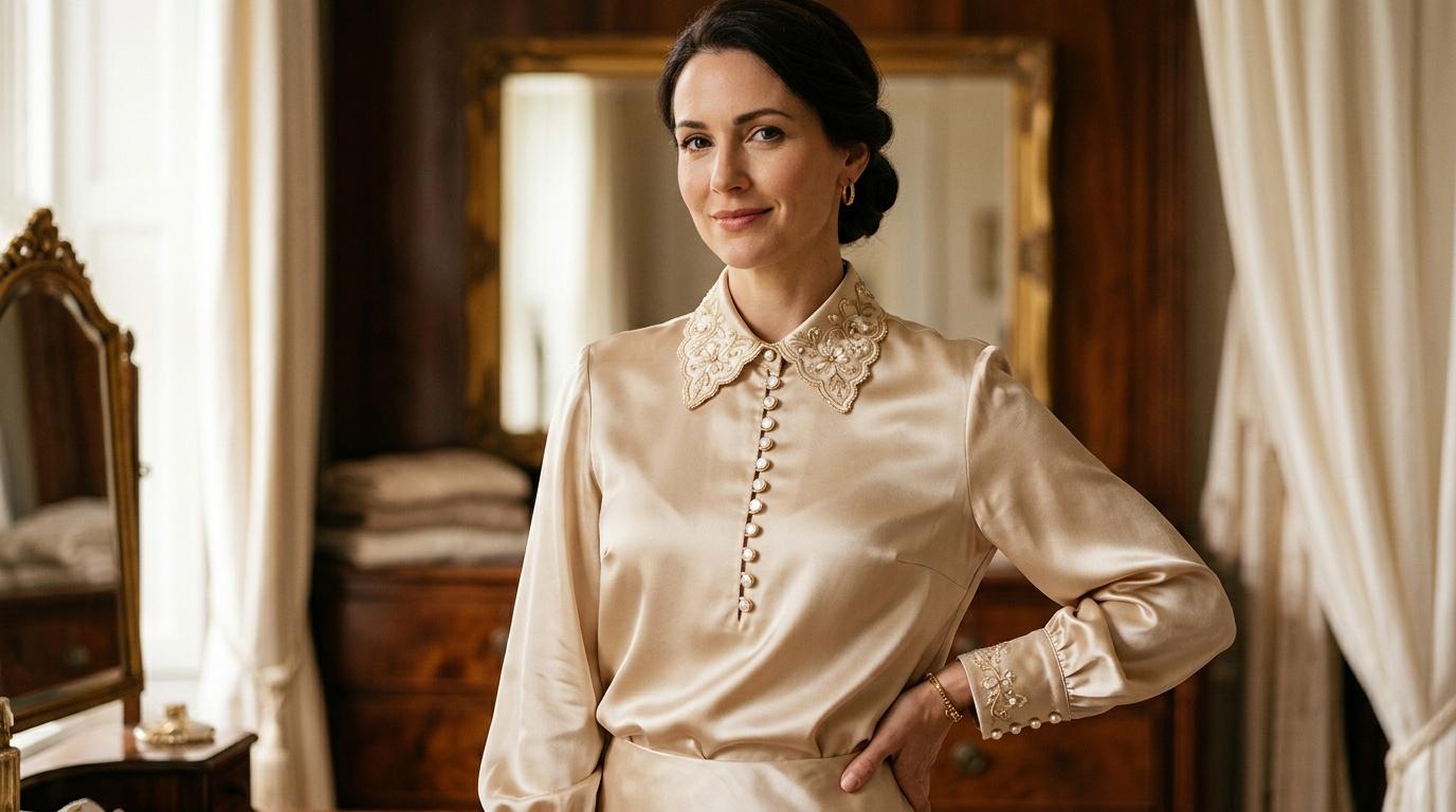 Femme v&ecirc;tue d'une blouse beige soyeuse avec col dentelle orn&eacute;