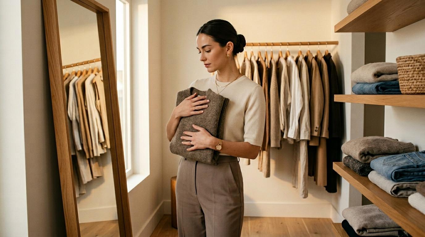Femme tenant un pull dans un dressing &eacute;pur&eacute; et organis&eacute;