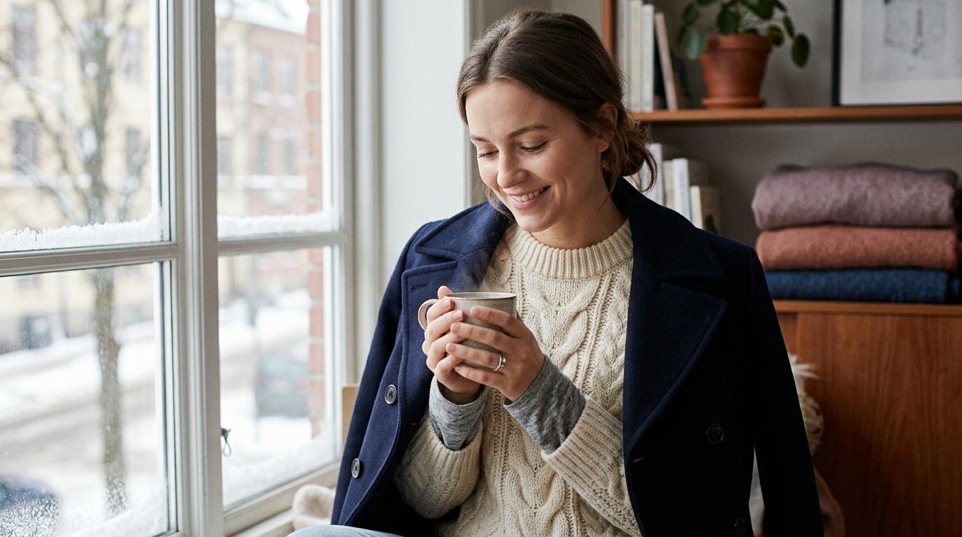Femme souriante tenant tasse près fenêtre enneigée