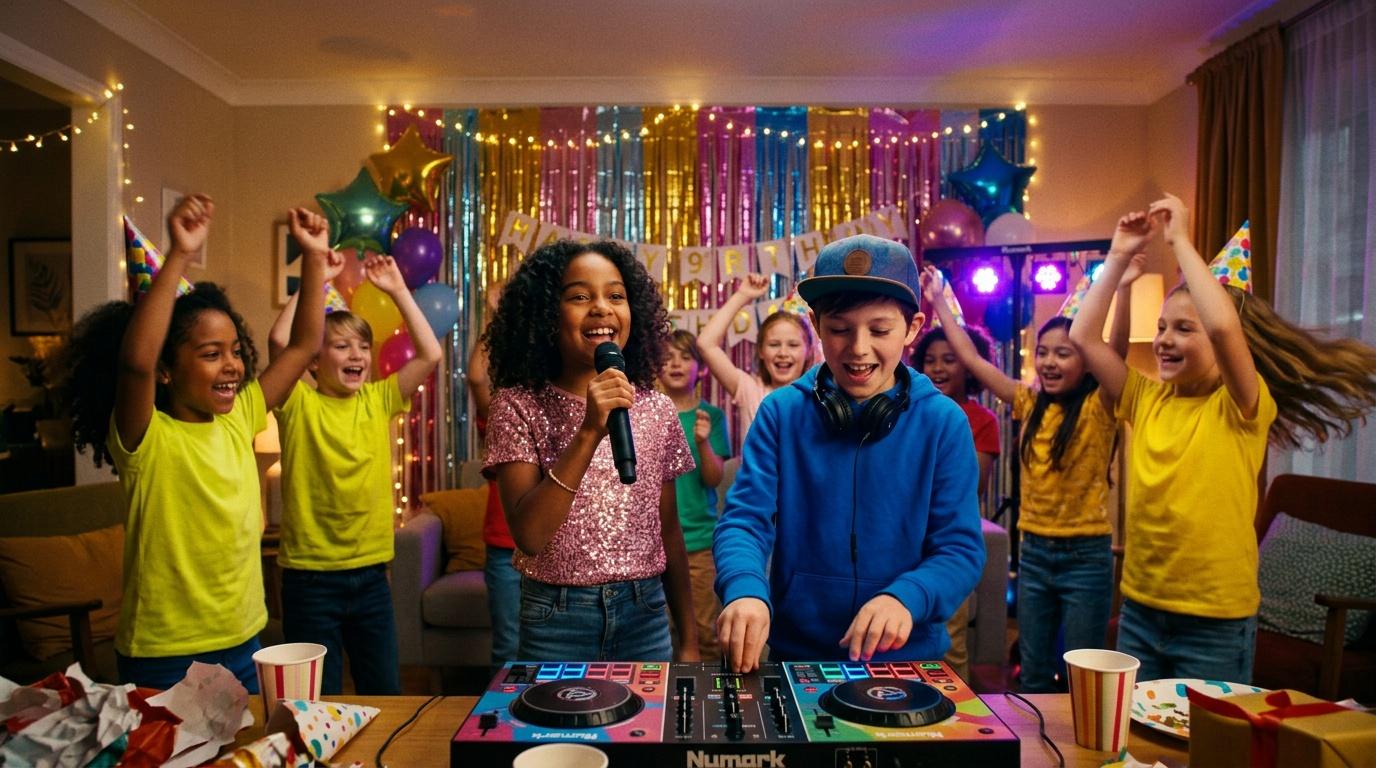 Enfants dansent autour d'un DJ lors d'une fête colorée