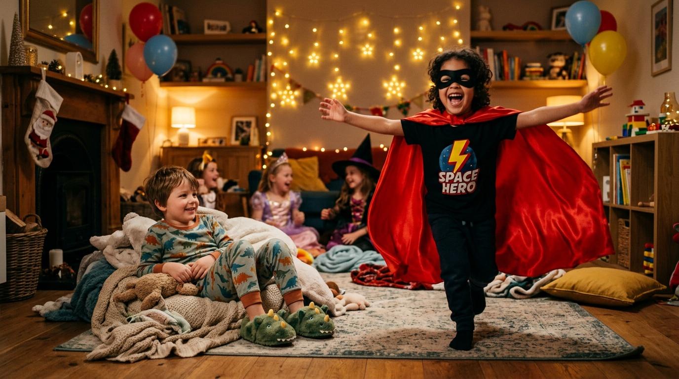 Adulte en costume de superh&eacute;ros divertissant des enfants lors d'une f&ecirc;te