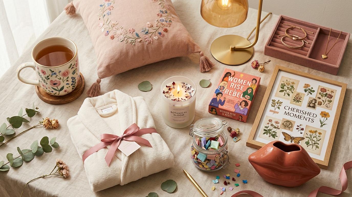 Composition d&eacute;cor&eacute;e avec livres, bijoux, bougie et tasse de th&eacute;