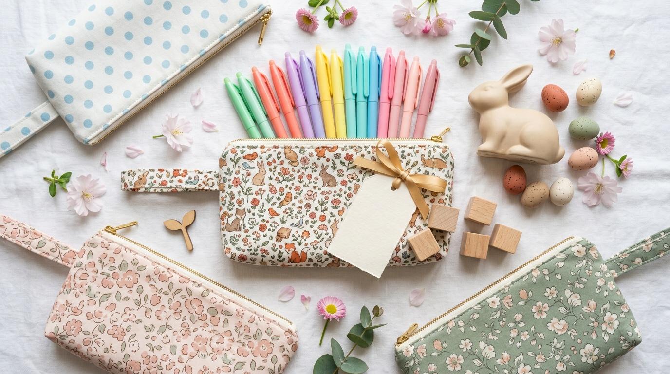 Crayons color&eacute;s, trousses fleuries, &oelig;ufs et fleurs printani&egrave;res