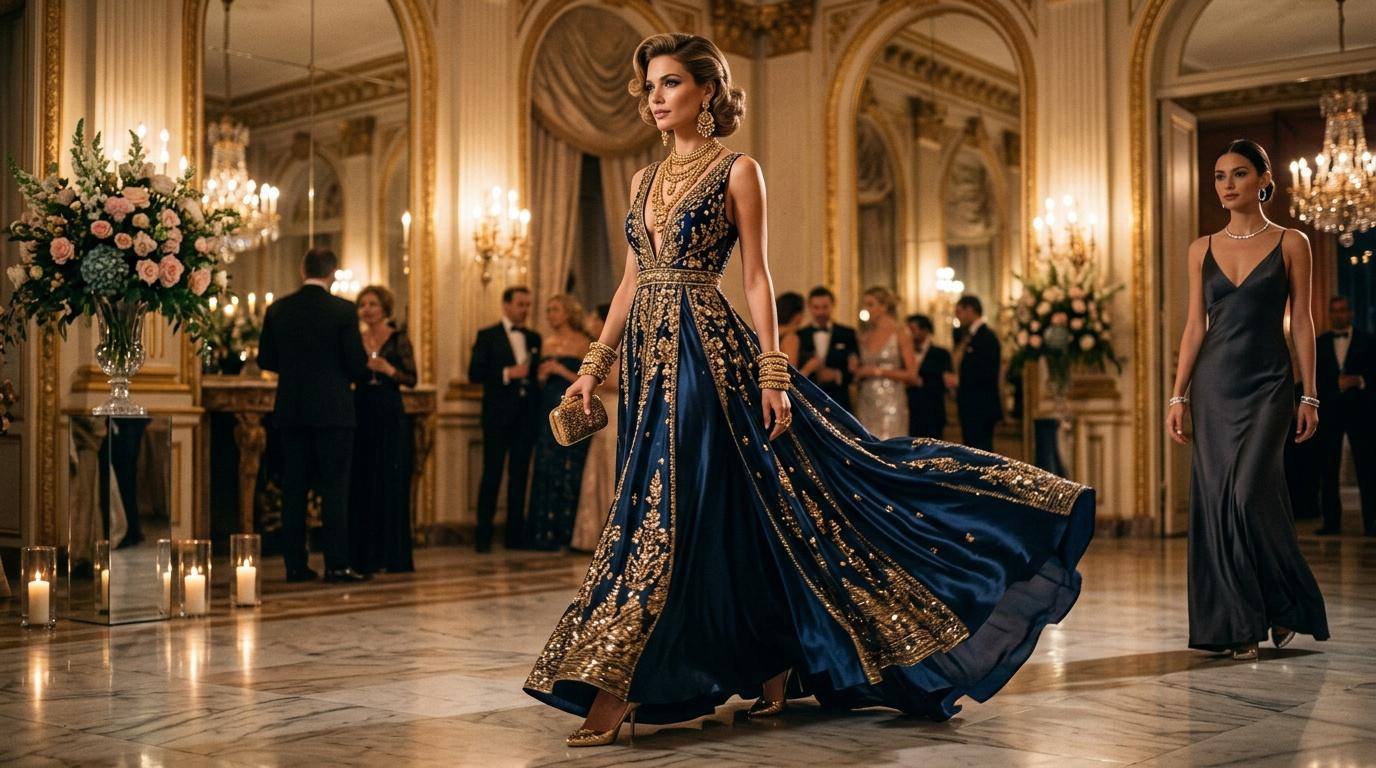 Femme &eacute;l&eacute;gante en robe bleue or dans un palais dor&eacute;