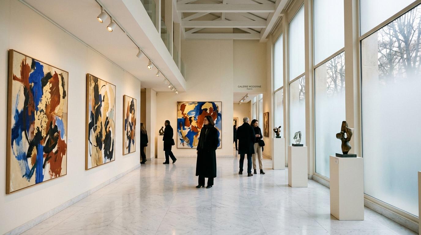 Galerie contemporaine avec visiteurs admirant peintures abstraites colorées