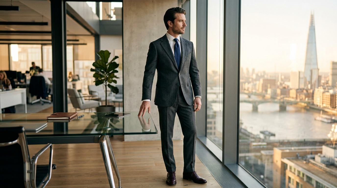 Homme en costume gris regardant la ville depuis fenêtre