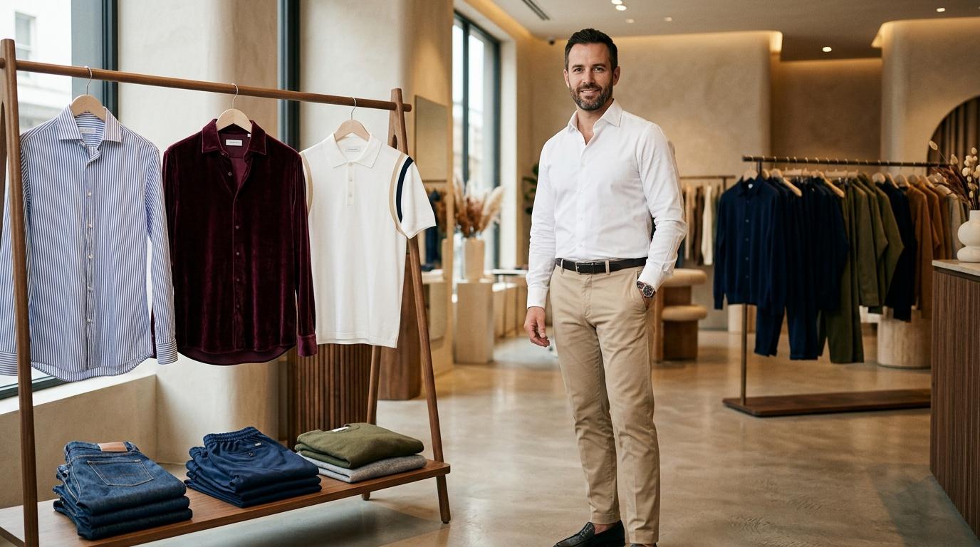 Homme souriant dans un magasin de vêtements élégant et moderne