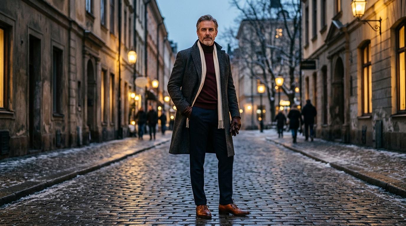 Homme en manteau gris marche seul rue pavée illuminée
