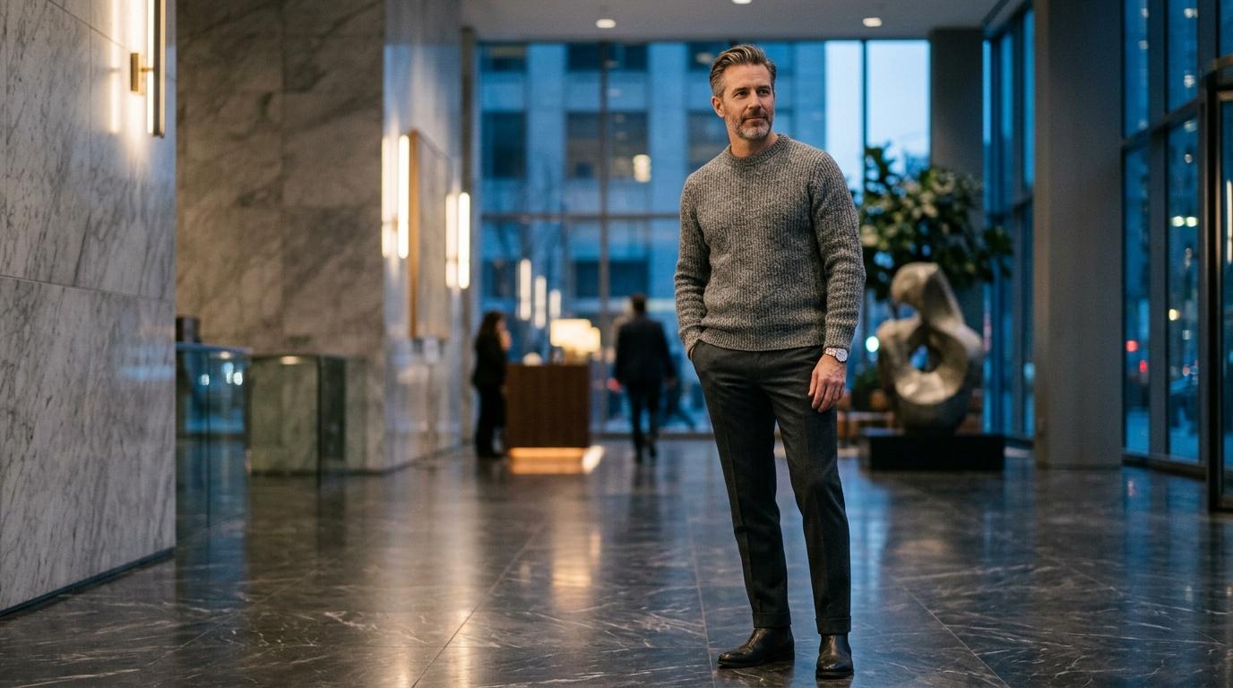 Homme en pull gris dans un corridor contemporain illuminé