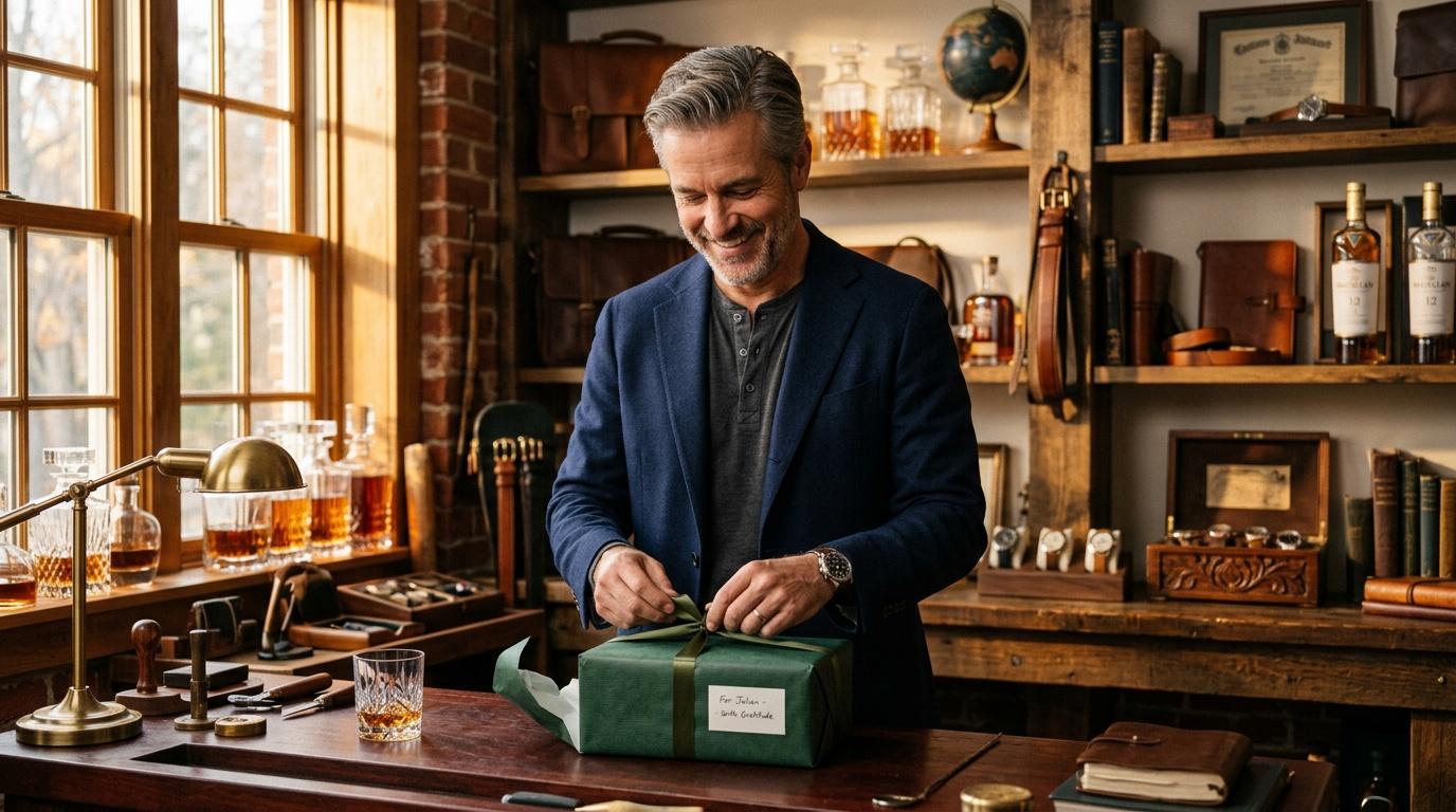 Homme en blazer bleu emballant un paquet cadeau vert dans un bureau élégant