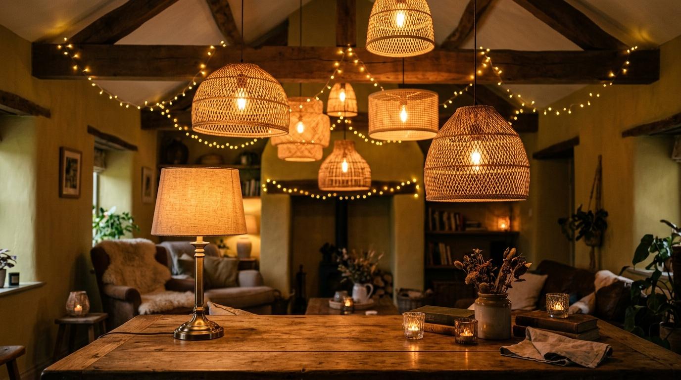 Salon &eacute;l&eacute;gant avec lustres en rotin et guirlandes lumineuses